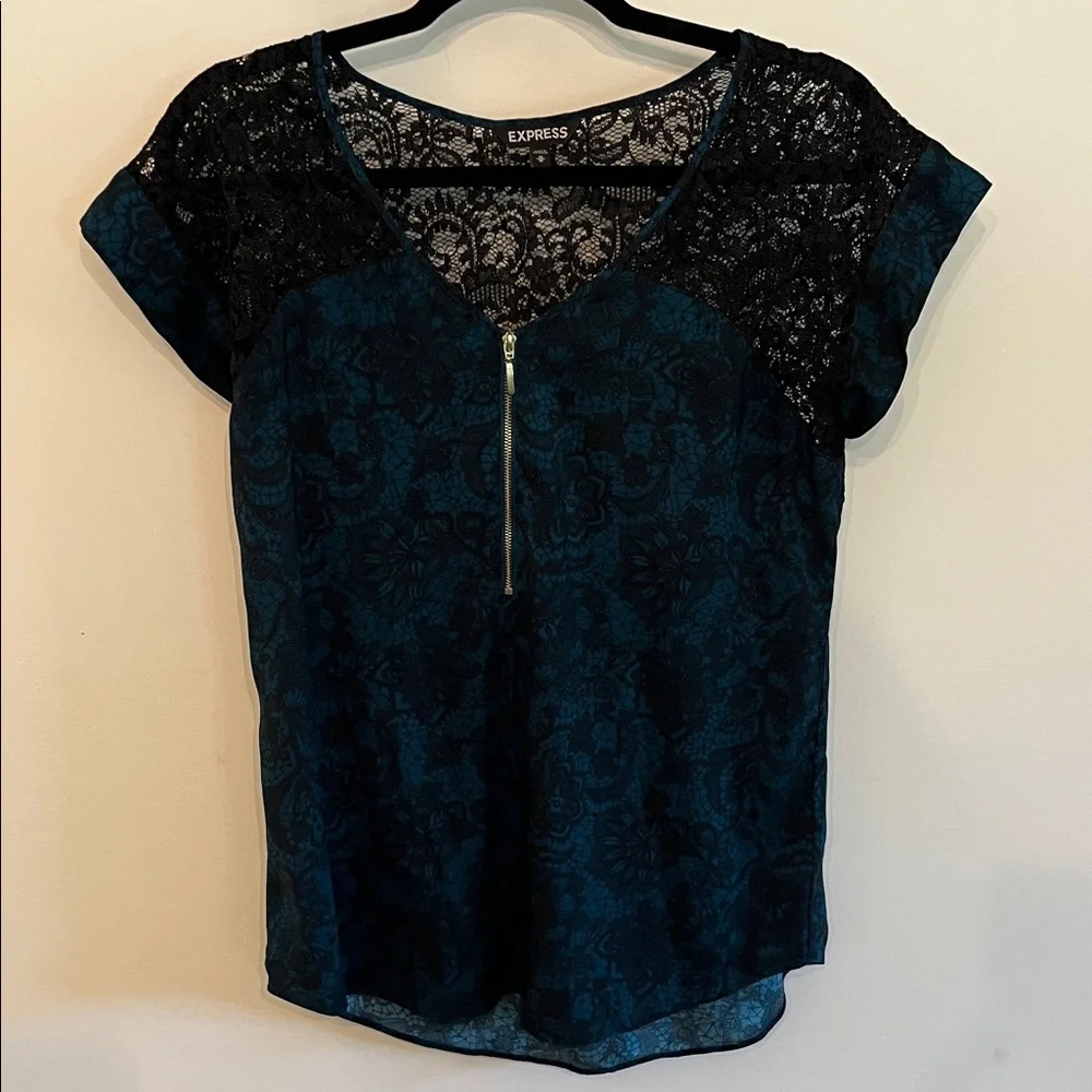 Express Teal and Black Lace Blouse - Picture 1 of 4
